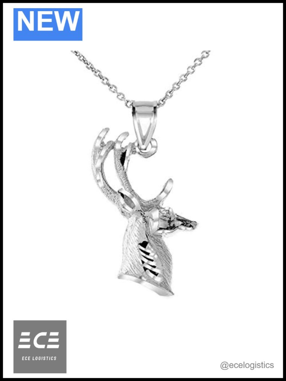 Sterling Silver Deer Head Hunter Charm Pendant Necklace Unisex Gift